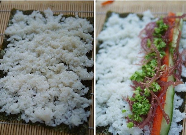 海草寿司,内卷:海苔上铺一层米饭,放上胡萝卜黄瓜,西兰花碎、血珊瑚草卷起即可。吃的时候沾<a style='color:red;display:inline-block;' href='/shicai/ 135334'>寿司酱油</a>、辣根。