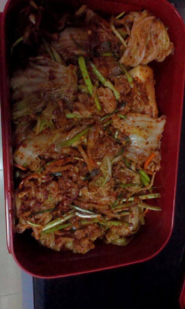 高仿韩国辣白菜,最后,把控好水的白菜放在盆里,用手往叶片之间填抹调料,处理好一个,用最外面一片叶子绕过来裹住,放进盒中。等所有的白菜都处理完了,把盆里的碎料一起倒入盒中,盖上盖子,放在外面发酵一天后,放入冰箱。