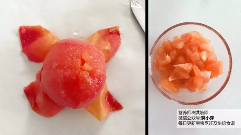 宝宝辅食:番茄鸡肝/猪肝汤,捞出稍稍冷却去皮,将番茄去蒂,切成细丁备用。
》番茄丁切得小,后期焖煮时间就可以断一点哈。