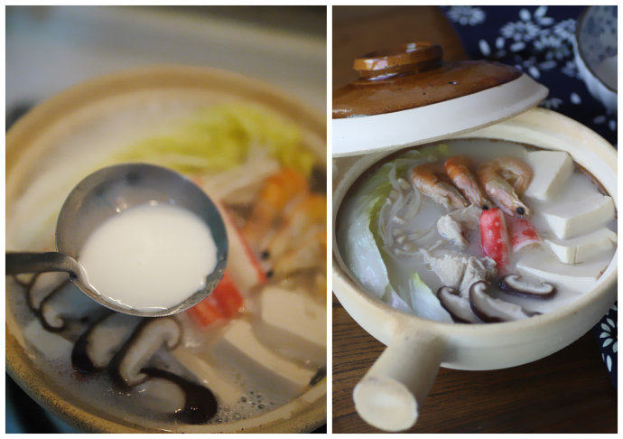 骨汤什锦锅,加牛奶一小勺(加入少许牛奶可使汤色更浓白,味道更鲜美),加盐调味烧开即成骨汤什锦锅。
