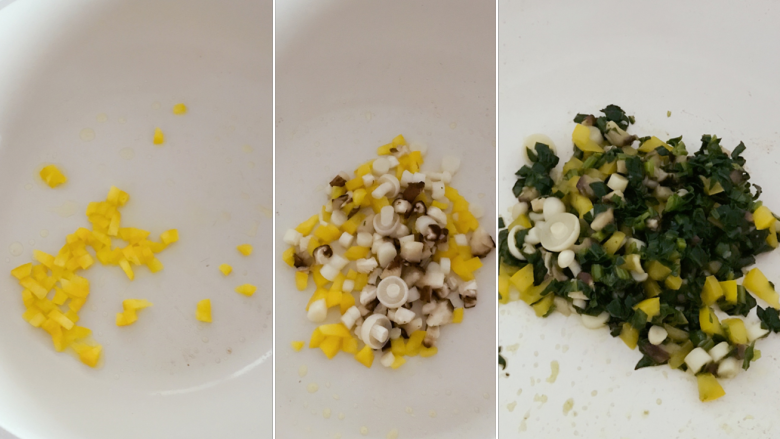 宝宝辅食:煎豆腐,二、接下来我们再做点配菜放在上面,可以让宝宝一起吃掉哈
3、重新热锅,加入甜椒稍加翻炒,倒入香菇丁继续翻炒2-3分钟,最后倒入焯水处理后的菠菜,加适量凉白开炖30秒,留一些汤汁不要全部煮干。
》此时可以加一点点盐调味。