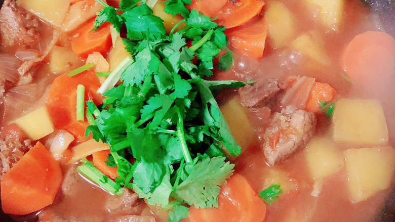红焖牛肉煲,撒上<a style='color:red;display:inline-block;' href='/shicai/ 131'>香菜</a>末,关火出锅了!