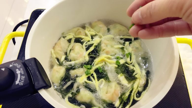 宝宝辅食:虾仁时蔬小馄饨-13M+,再倒入馄饨中,稍稍煮下,用勺子搅拌均匀即可,最后可撒一点点葱花。