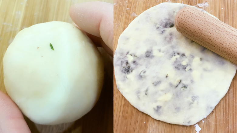 宝宝辅食:老妈牌薄麦饼-24M+,简单用手搓圆,然后用擀面杖擀,从中间往外擀,边擀边转动,一开始中间厚边缘擀薄,然后一层一层向外擀薄,擀薄一点比较好吃,皮薄馅多。
》一定要慢慢轻轻地擀开,不然面皮容易破掉,等会就要露馅啦。