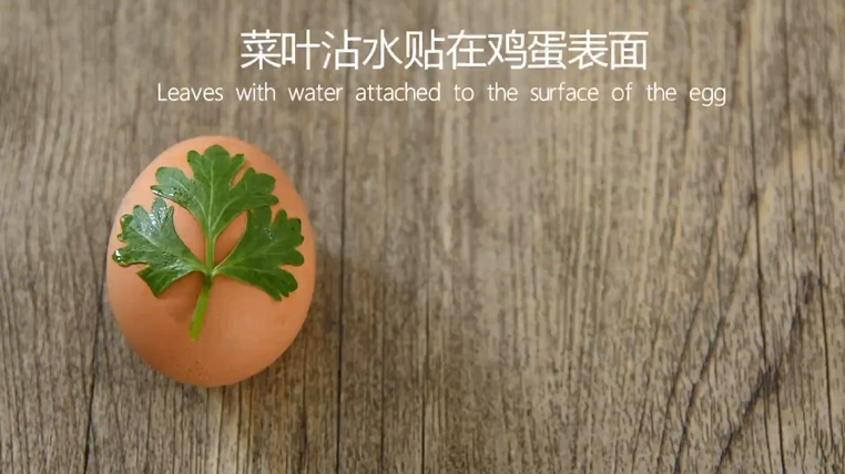 网红茶叶蛋来袭,制作诀窍大公开!,菜叶沾水贴在<a style='color:red;display:inline-block;' href='/shicai/ 9'>鸡蛋</a>表面