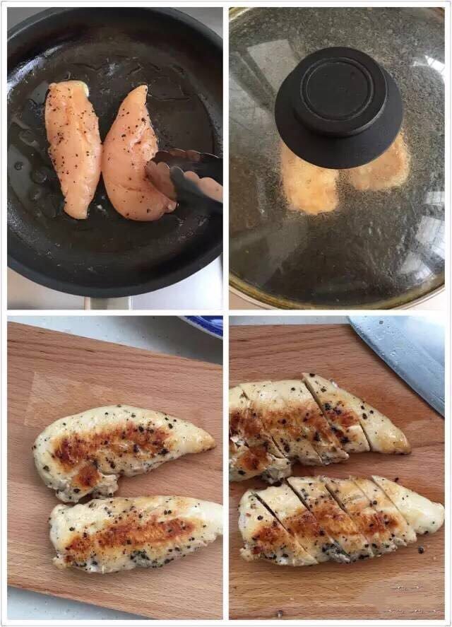 油醋汁瘦身沙拉,腌制好的鸡小胸肉入煎锅,煎至两面金黄取出,改刀成小块