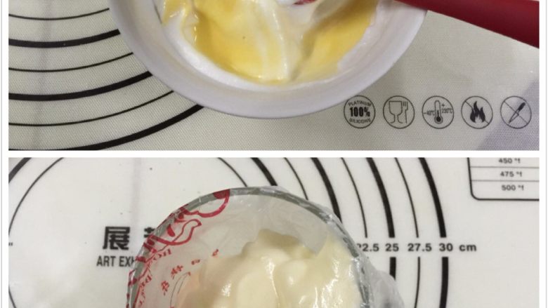 黑芝麻波点蛋糕卷,取一小碗,分10克蛋黄糊和10克的蛋白霜混合均匀,(先准备一个小号的裱花袋,用杯子套着,以免手忙脚乱的)