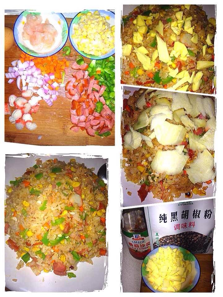 奶酪焗饭,如图材料切丁备用。