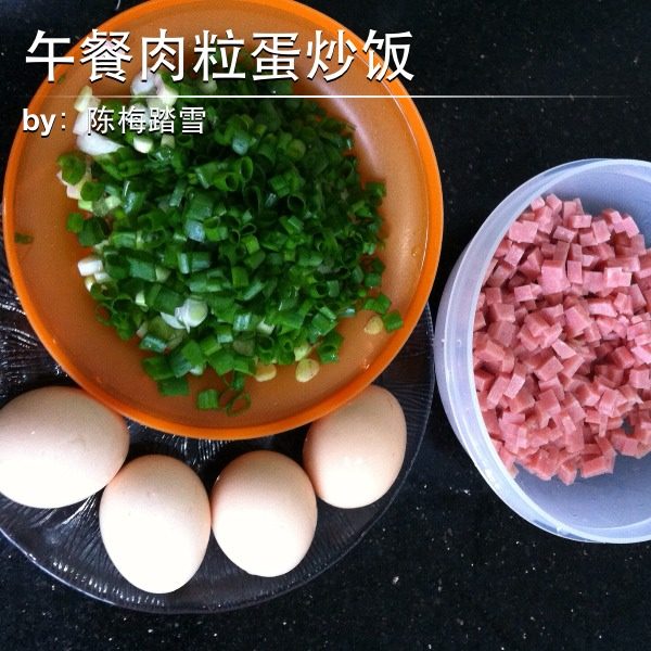 午餐肉粒蛋炒饭,准备好<a style='color:red;display:inline-block;' href='/shicai/ 9'>鸡蛋</a>，<a style='color:red;display:inline-block;' href='/shicai/ 427'>午餐肉</a>、葱切粒备用。