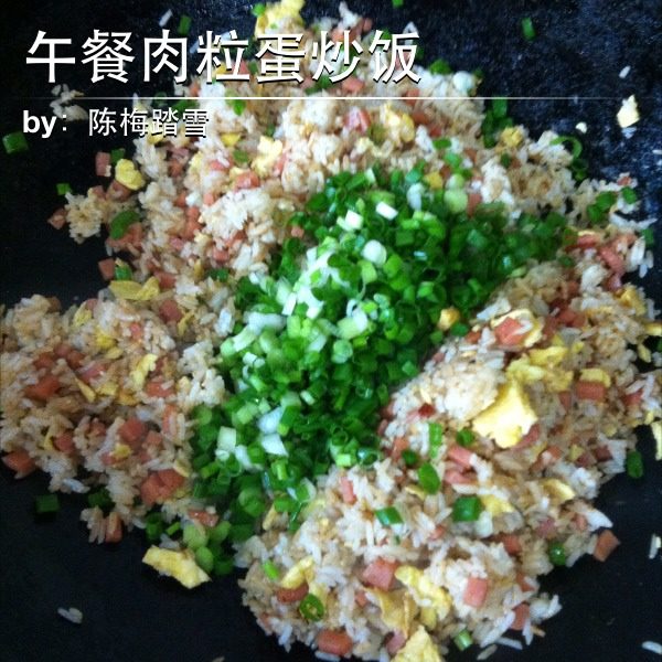 午餐肉粒蛋炒饭,把饭放进锅里炒热，加入午餐肉及蛋返炒片刻，再加上适量<a style='color:red;display:inline-block;' href='/shicai/ 692'>酱油</a>及切好的葱粒炒匀，完成噜！