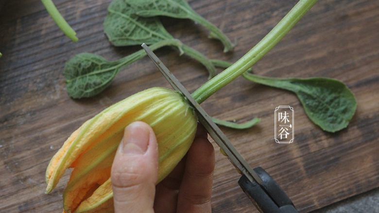 酥炸南瓜花,把梗部剪去;