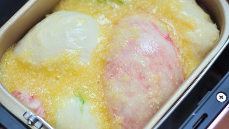 彩纹椰蓉土司,倒在发酵好的面团上面。选择“手工模式——24烘烤/炖/煮”功能,烘烤40分钟。