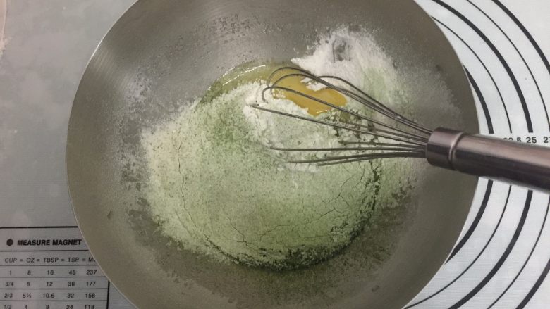 抹茶玛德琳蛋糕,筛入第二步的混合物里,用打蛋器继续搅拌均匀,搅拌成为光滑的面糊