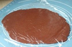 小熊猫饼干,将可可色面团铺在硅胶垫上,上面覆盖一层保鲜膜,用擀面杖擀成厚度大概3mm厚的大片