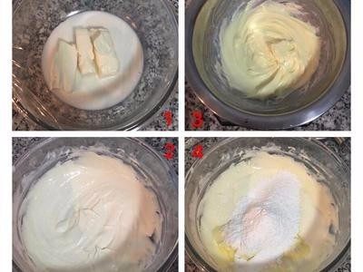 原味半溶起司塔,奶油乳酪與牛奶先微波1分鐘後,攪拌到光滑無顆粒的狀態,接著將馬斯卡澎與20g的鮮奶油略打勻備用,再將兩種加在ㄧ起,並加入剩餘的55g鮮奶油和