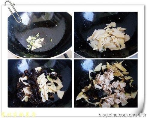 咸肉木耳炖竹笋,最后加入炒好的咸肉翻炒至均匀。加入一大碗水。盖上锅盖小火闷半小时。至水低于食材。加入少许鸡精。翻炒后出锅