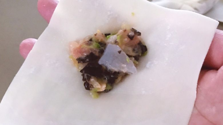 鲜虾时蔬小馄饨,取一个馄饨皮,放入少许的馅,以及一小块虾肉。