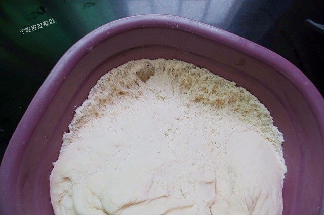 猪肉芹菜包,面粉,酵母和清水放入料理盆中和成一个面团,放在温暖湿润的地方进行第一次发酵。