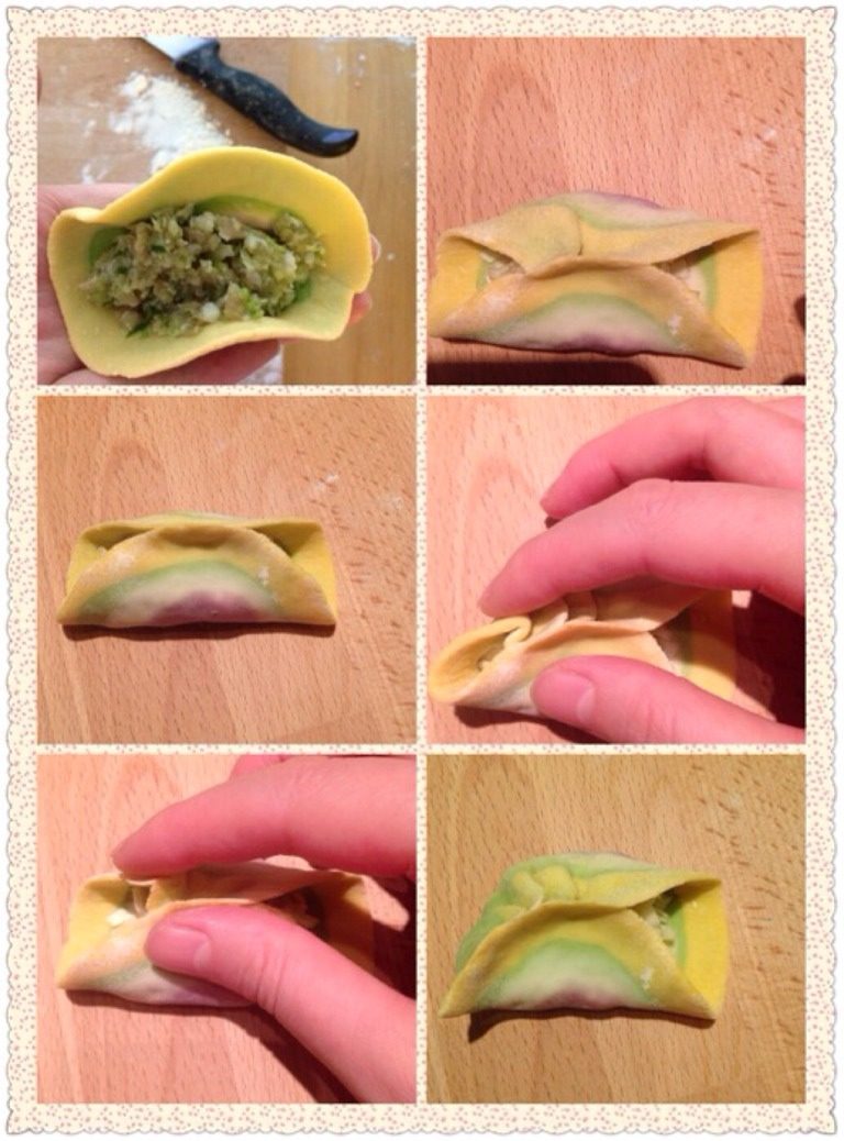 五彩缤纷彩虹饺子,包法看图,两边各三个或者四个褶子