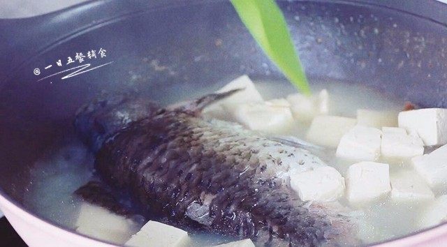 奶白鲫鱼豆腐汤, 加入豆腐,再炖十分钟,加一点盐调味。