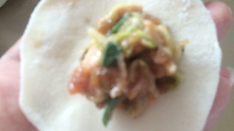 家常水饺~西葫芦猪肉馅,饺子皮中间包入拌好的饺子馅,再将边缘对折捏紧。
