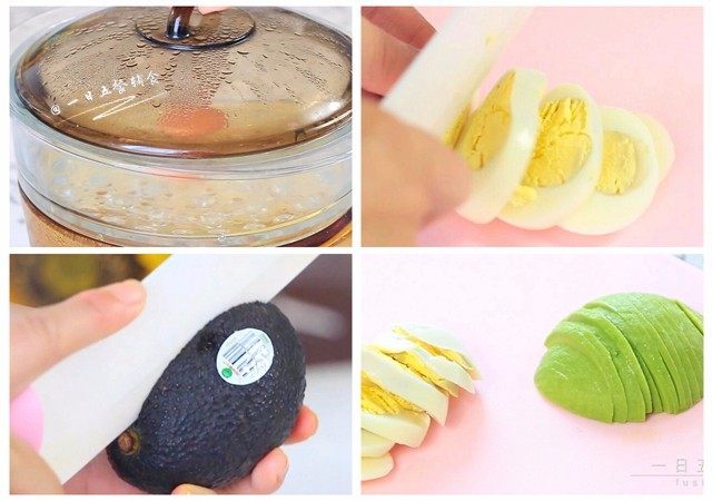 牛油果鸡蛋火腿三明治,将鸡蛋蒸10分钟,蒸出来的鸡蛋不容易破,蒸熟后切片;牛油果从中间划一刀,拧一圈,撕去外皮切成片。