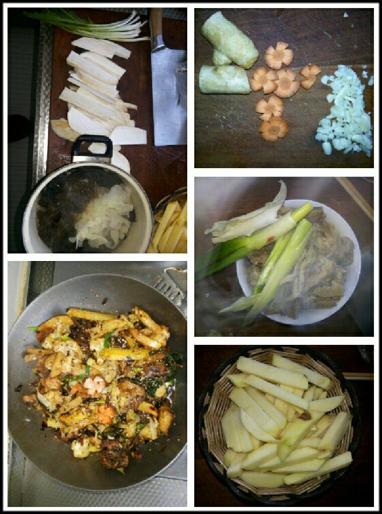 干锅时蔬鸡,加入鸡块，开大火爆炒，待鸡肉色泽金黄，肉质成熟时，加入土豆条继续翻炒至金黄色，放进花菜，炒成外脆里嫩，再放入杏鲍菇条，木耳银耳，翻炒，再加<a style='color:red;display:inline-block;' href='/shicai/ 11168'>豆腐丝</a>和<a style='color:red;display:inline-block;' href='/shicai/ 4872'>海带丝</a>，最后放进蒜苗，葱丝，和点缀的胡萝卜。