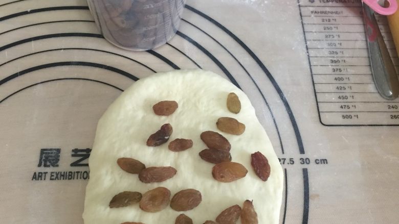 炼奶提子吐司,下面就可以来给面团整形了
将面团擀成椭圆形,放上葡萄干