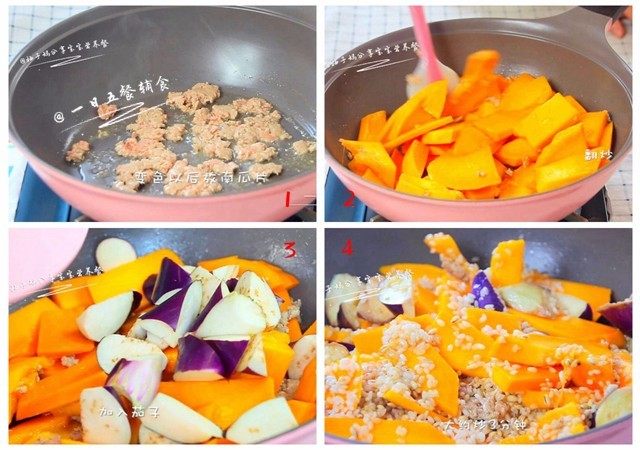 南瓜软饭,热锅核桃油,放入肉末翻炒。变色以后放南瓜片,茄子翻炒。南瓜炒至半熟,加入淘洗好的米一起翻炒。1岁以上的宝宝可以加1勺盐一起炒。