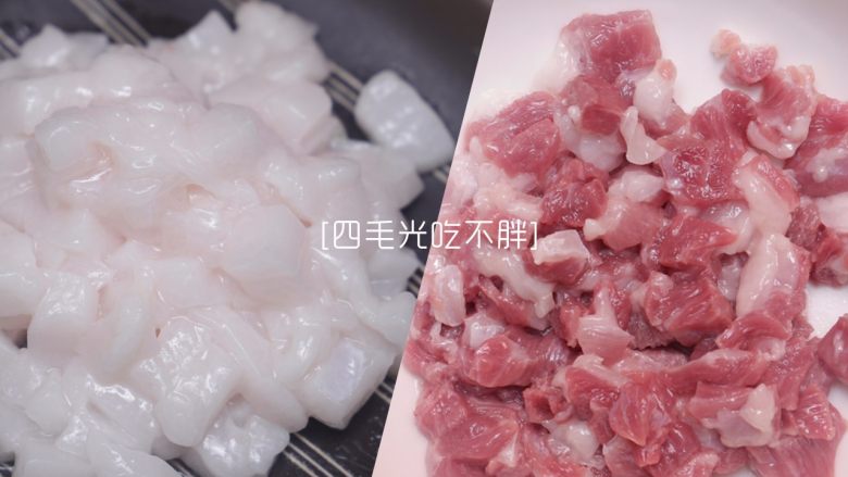 虾干炒饭（儿童营养餐）,新鲜猪肉洗净，瘦肉和肥肉切开，都切成丁状；