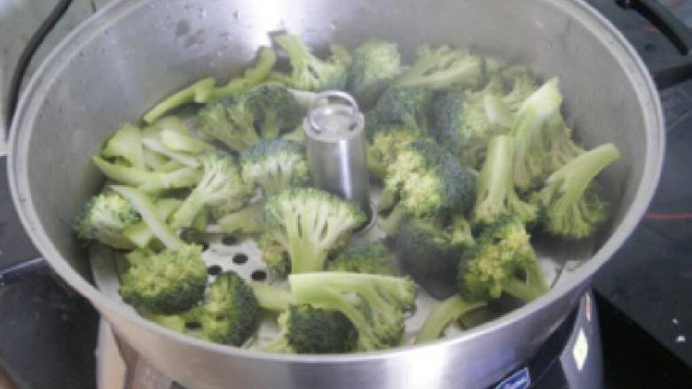蒸炒西兰花,西兰花放入蒸汽料理机,选择功能蒸蛋,设定三分钟左右