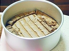 巧克力慕斯,晾凉的蛋糕片分割成片,铺在活底模底部,预留一片比圆底小的蛋糕片,待用