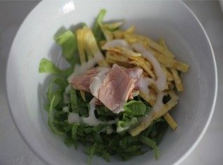 金枪鱼沙拉泡芙,西生菜切丝，蛋皮切丝，原味金枪鱼罐头，放入沙拉酱调味。
