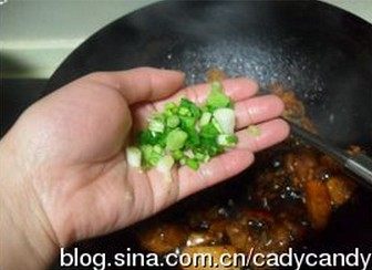 油焖春笋鸡块,盖上锅盖转中小火闷5分钟,开盖后大火收干汤汁撒入葱花即可。