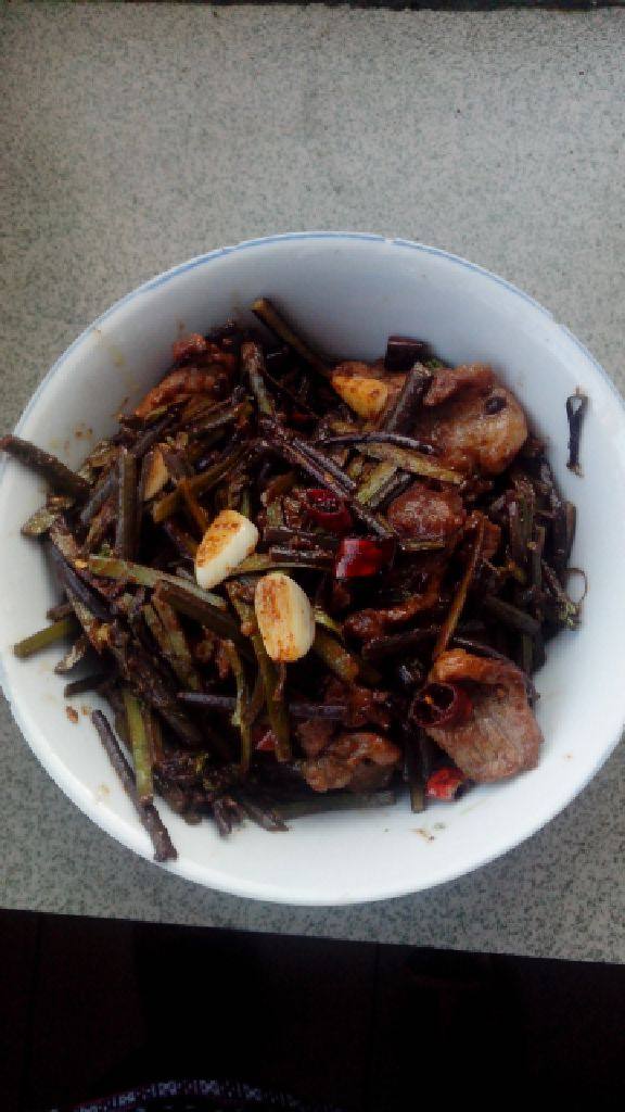 蕨菜炒肉,锅中放少许油,冷油加入辣椒段翻炒,油热后加入豆鼓粑(也可以是豆鼓)和蒜片,待豆鼓粑炒化后放蕨菜和肉片,加适量盐翻炒一下即可出锅装盘