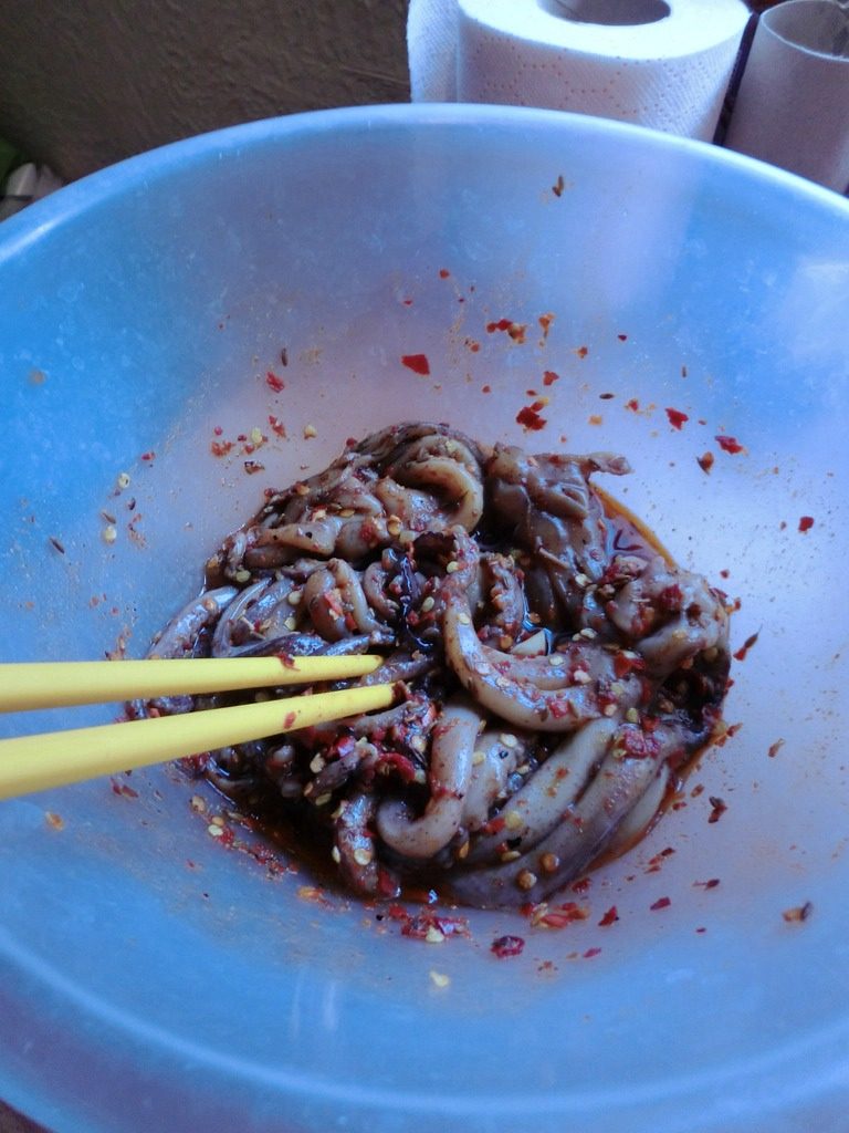 洛氏新煮义--烧烤黑椒猪肉VS烧烤孜然鱿鱼,这是腌渍了8个小时的样子,其实我是早上腌渍准备中午做的,结果,中午吃太饱,所以。。。下午才做的