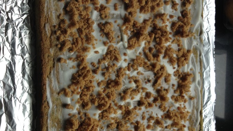 抹茶肉松蛋糕卷,放微热后铺上锡纸翻面，涂上<a style='color:red;display:inline-block;' href='/shicai/ 885'>酸奶</a>，撒上<a style='color:red;display:inline-block;' href='/shicai/ 432'>肉松</a>