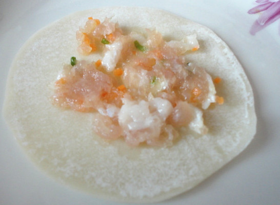 肉糜煎饼,取水饺皮一张,平铺,摊上事先剁好的瘦肉糜一小撮