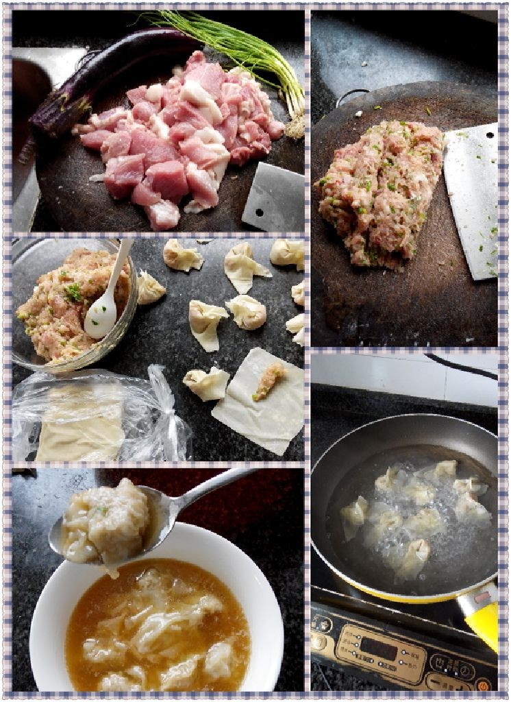 鲜肉馄饨,将鲜肉垛成泥调和盐,味精,勺一小点肉沫放入<a style='color:red;display:inline-block;' href='/shicai/ 4453'>馄饨皮</a>一角,顺着肉沫向对角卷去,中间部位时把左右二边一齐向中间对折一拧压,一个馄饨包好了,开水中煮四分钟,把碗里调好生抽,猪油,麻油或辣椒酱,青葱,香菜,紫菜,一碗香喷喷好吃的馄饨做好了!