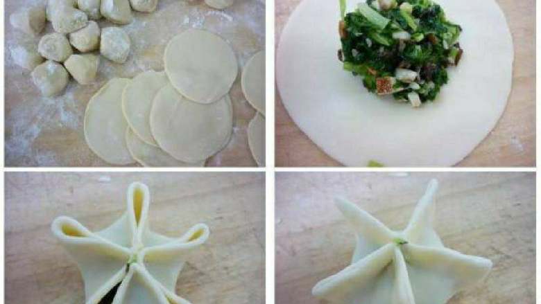青菜蒸饺,3. 把面团搓条,下剂子擀皮,包入馅心。