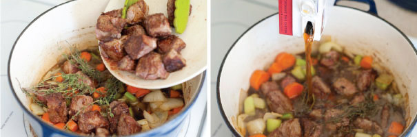 胡萝卜炖牛肉,3.继续加牛肉粒，和剩下的调料，拌匀后盖上盖子焖煮约1小时（如果牛肉太干，可再加点水、盐和胡椒粉），直到牛肉酥烂。