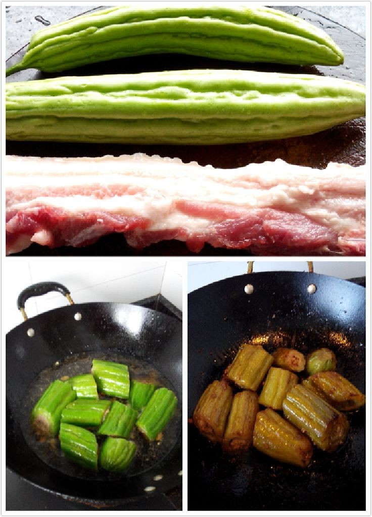 苦瓜酿,将苦瓜酿入锅，少量油煎，放酱油调色味，放清水焖干出油即成。