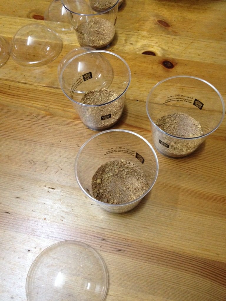 奶油木糠杯,把消化饼干装入杯子，铺成薄薄一层，
