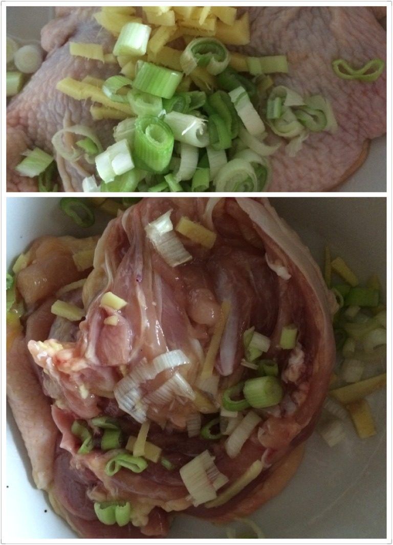 五星级鸡腿做法,葱姜切末 倒到鸡腿上再加盐拌匀 放冰箱腌制。(腌的时间越长越好)