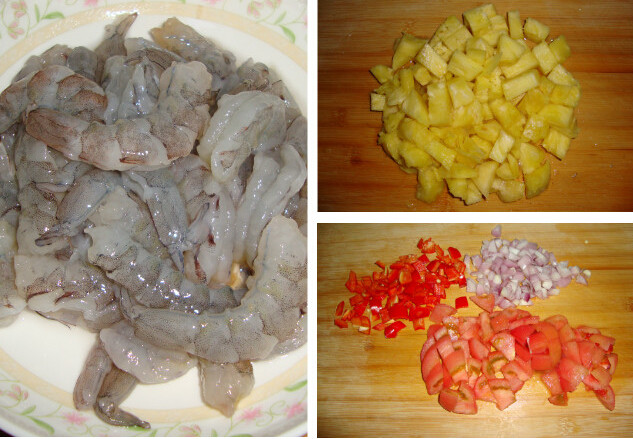 泰式菠萝饭 ,<a style='color:red;display:inline-block;' href='/shicai/ 3551'>西红柿</a>去皮切丁，<a style='color:red;display:inline-block;' href='/shicai/ 597'>菠萝</a>肉切丁，干葱和红椒切丁，虾剥皮开背去沙线