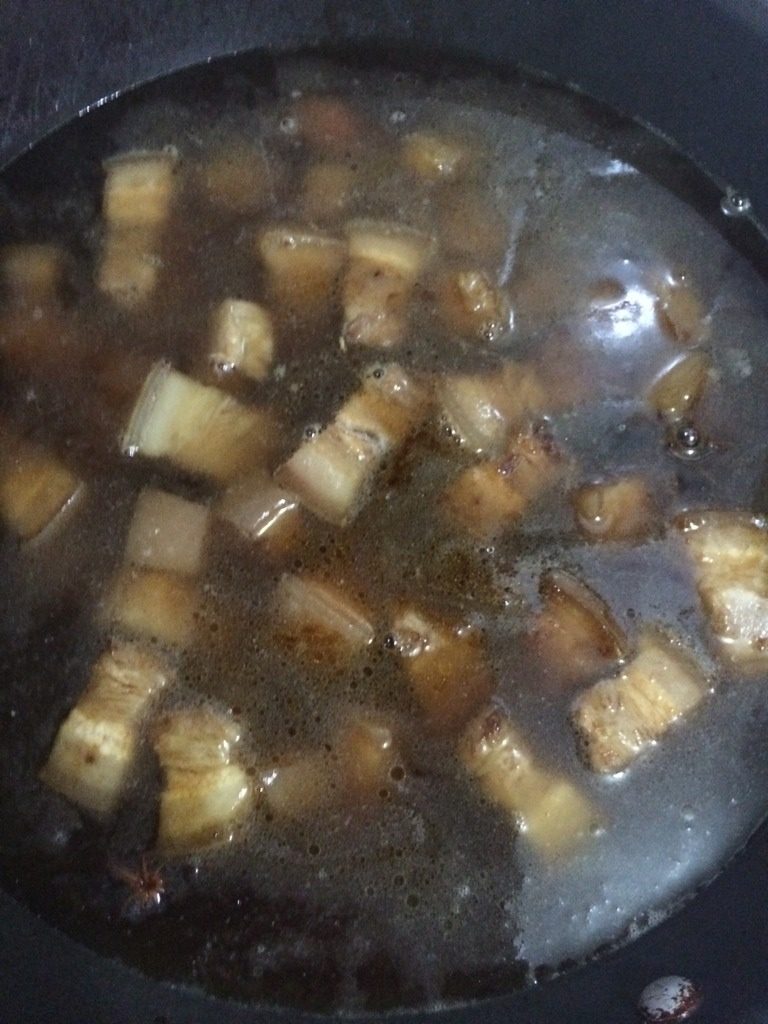 土豆红烧肉,倒入两碗水大火烧开，撇去浮末，转小火炖半个小时以上