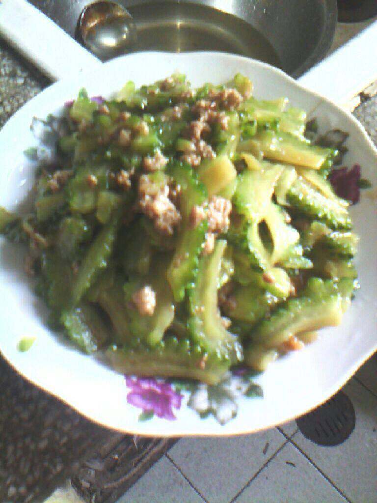 肉沫苦瓜,加入准备好的苦瓜片，翻炒几下，放入盐，<a style='color:red;display:inline-block;' href='/shicai/ 717'>味精</a>，再翻炒几下，出锅。颜色绿绿滴，很好看。