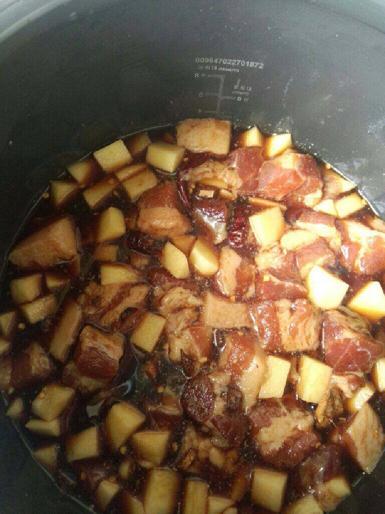 土豆炖五花肉,一起倒入PN不粘锅中加水没过食材开中火上汽后继续十分钟后调小火两三分钟关火