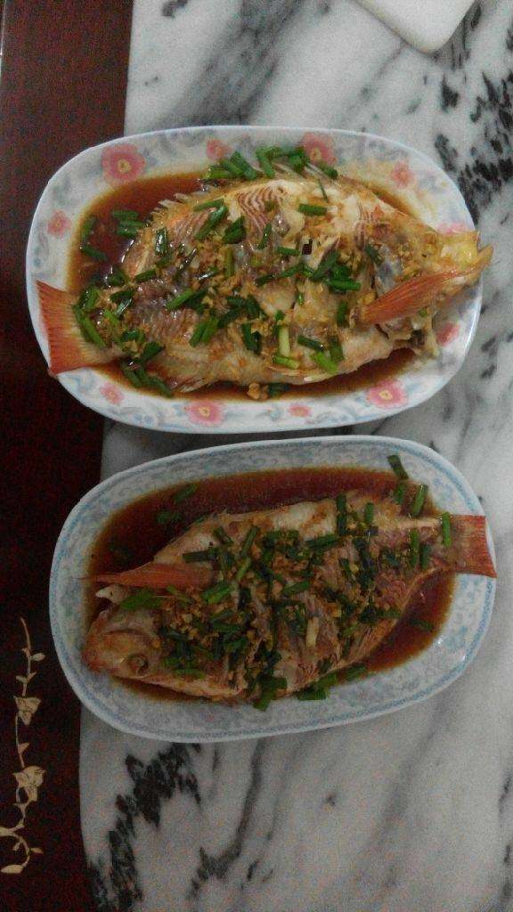 清蒸美味的非洲鲫鱼,把葱花撒在蒸好的鱼上《葱花可不用炒,因为过火了要变黄,》,在把锅里炒好的配料洒在鱼上即可