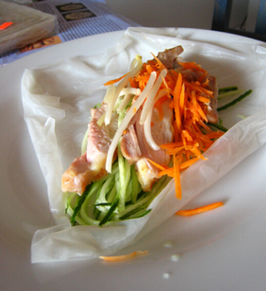 越南米纸卷煎鸡肉杂蔬,取米纸一张，在开水里烫4秒钟，取出，铺到盘子上。把菜，肉随意地加进去卷好了，蘸上蘸汁，开动啦！！